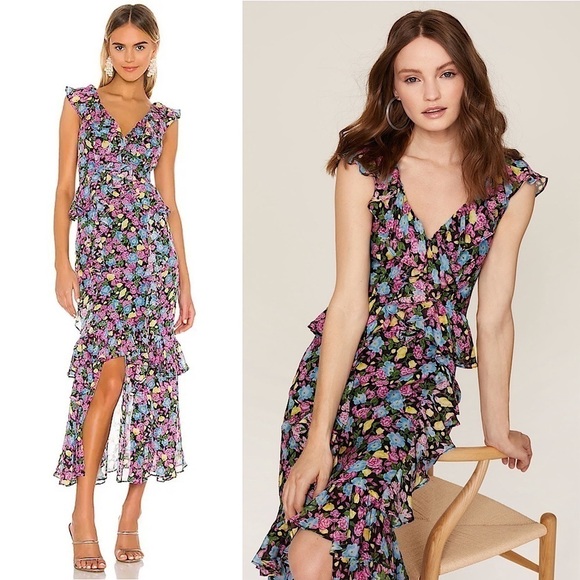AMUR Silk Chiffon Floral Print Sleeveless V-Neck Tiered Ruffle Hem Maxi Dress 0 - Picture 1 of 13